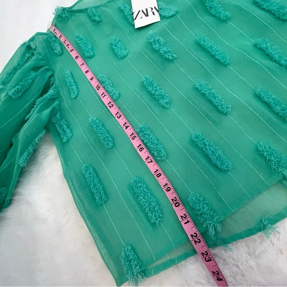 NWT Zara Sheer Puff Sleeve Spearmint Green Fringe Textured Blouse - Picture 12 of 12